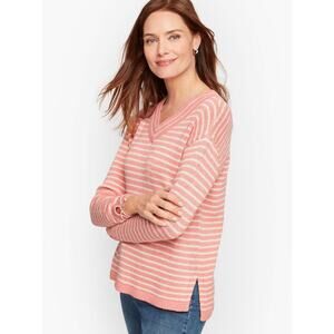 Talbots Women's Linen V-Neck‎ Sweater Size Medium Petite Pink White Stripes